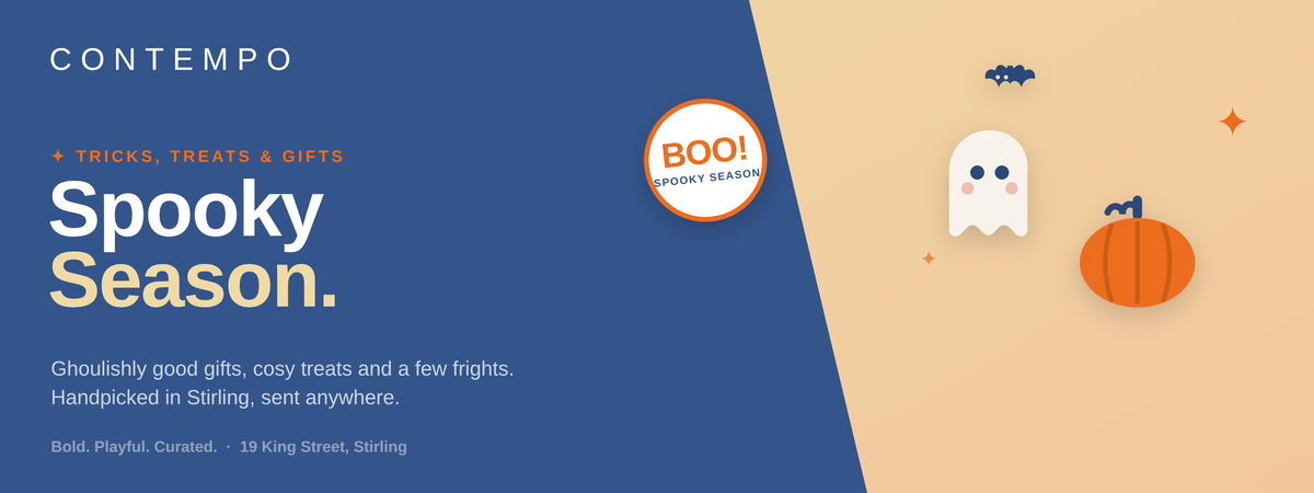 Promotional graphic for Contempo's 'Spooky Season' with a dark blue left side featuring the Contempo logo, 'Tricks, Treats & Gifts', and 'Spooky Season' text, and a beige right side with a ghost, pumpkin, bats, and 'BOO! Spooky Season.' badge.