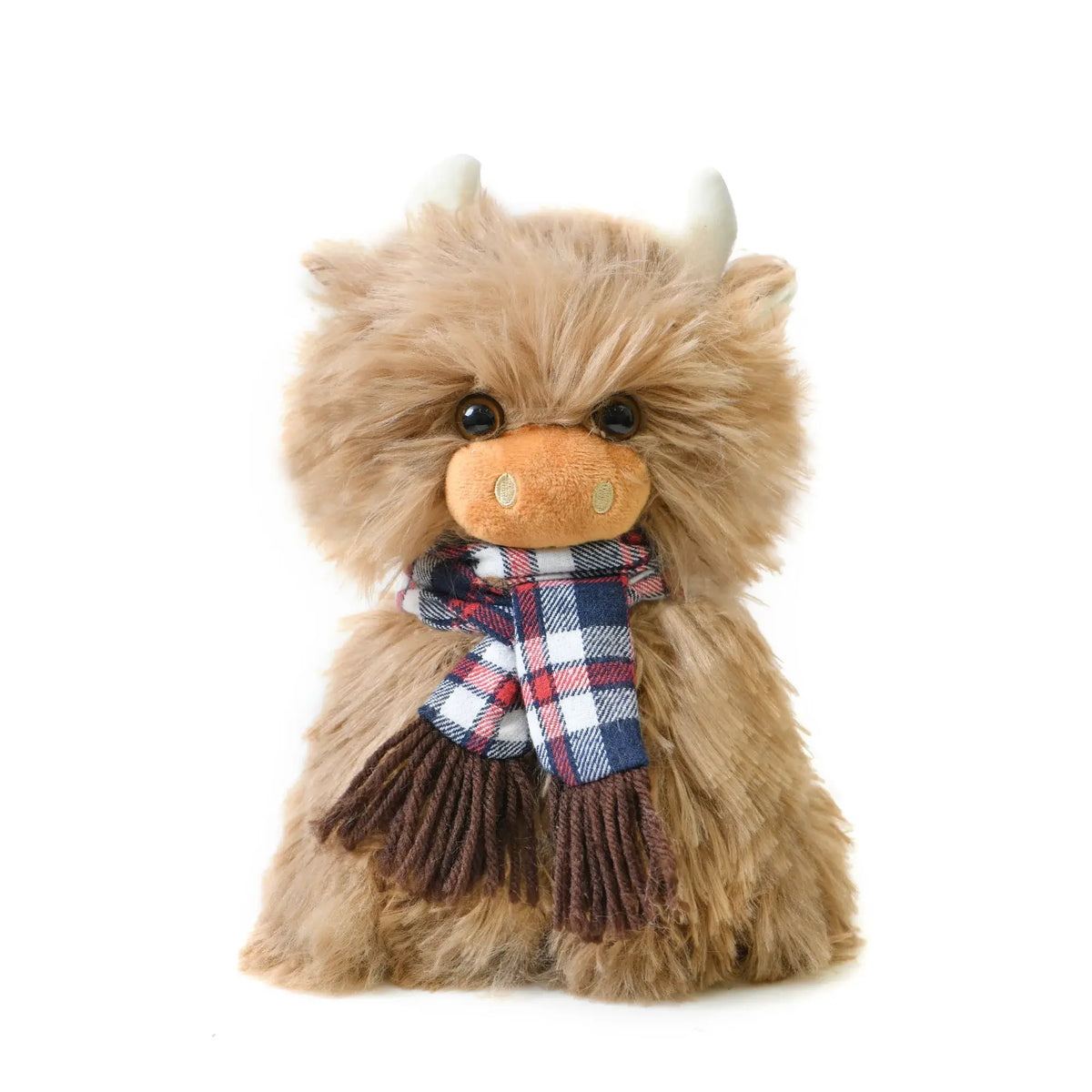 Angus the Highland cow soft toy wearing a tartan scarf