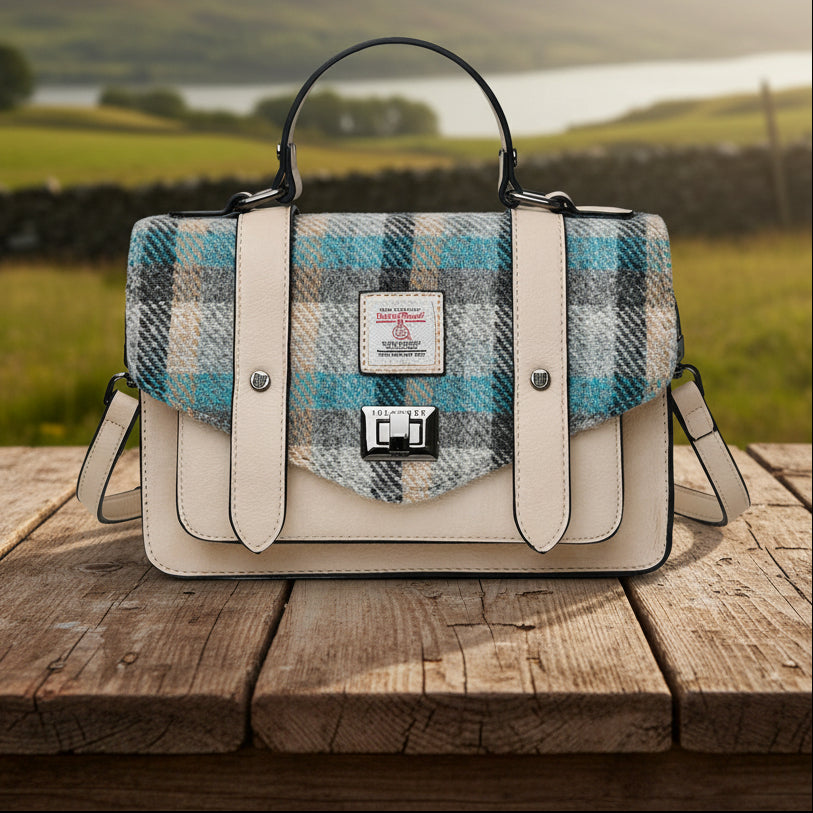Islander tartan Harris Tweed satchel with a cream leather body