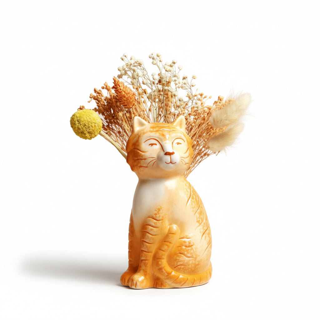 Tigger the orange cat vase by Lisa Angel, a ceramic cat-shaped vase with a speckled finish