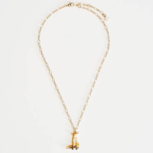 Enamel fox necklace showing full gold chain and clasp on white background