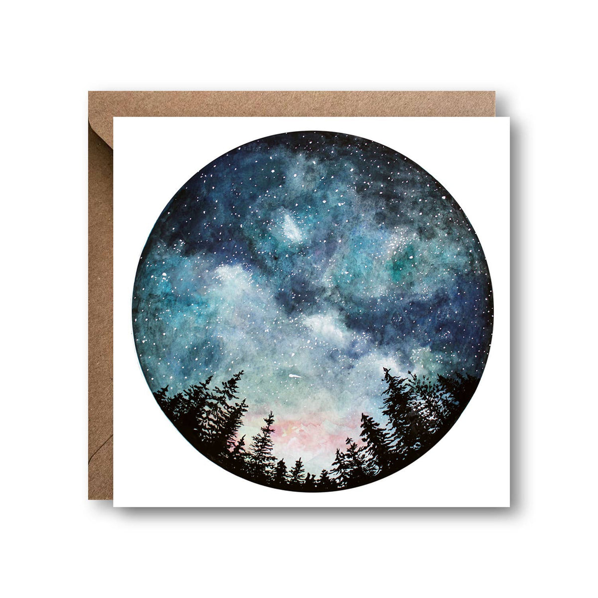 Starry Sky greetings card with circular night sky illustration on kraft envelope