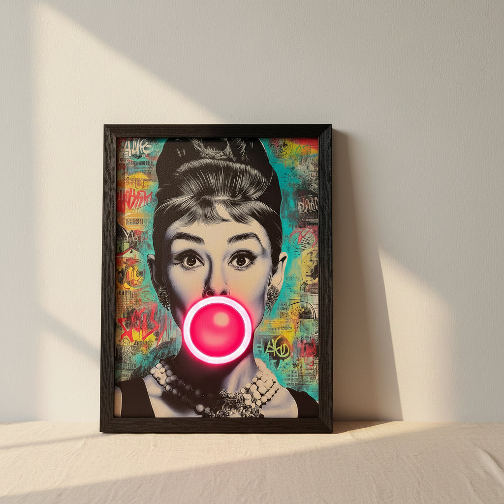 Audrey neon wall art lit up with glowing pink bubble, leaning against a wall