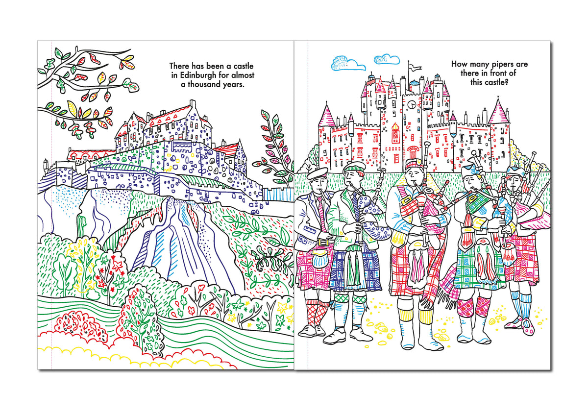 Scottish Castles Magic Painting Book spread showing castle scene to paint