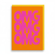 Bright orange card printed with OMG three times in hot pink