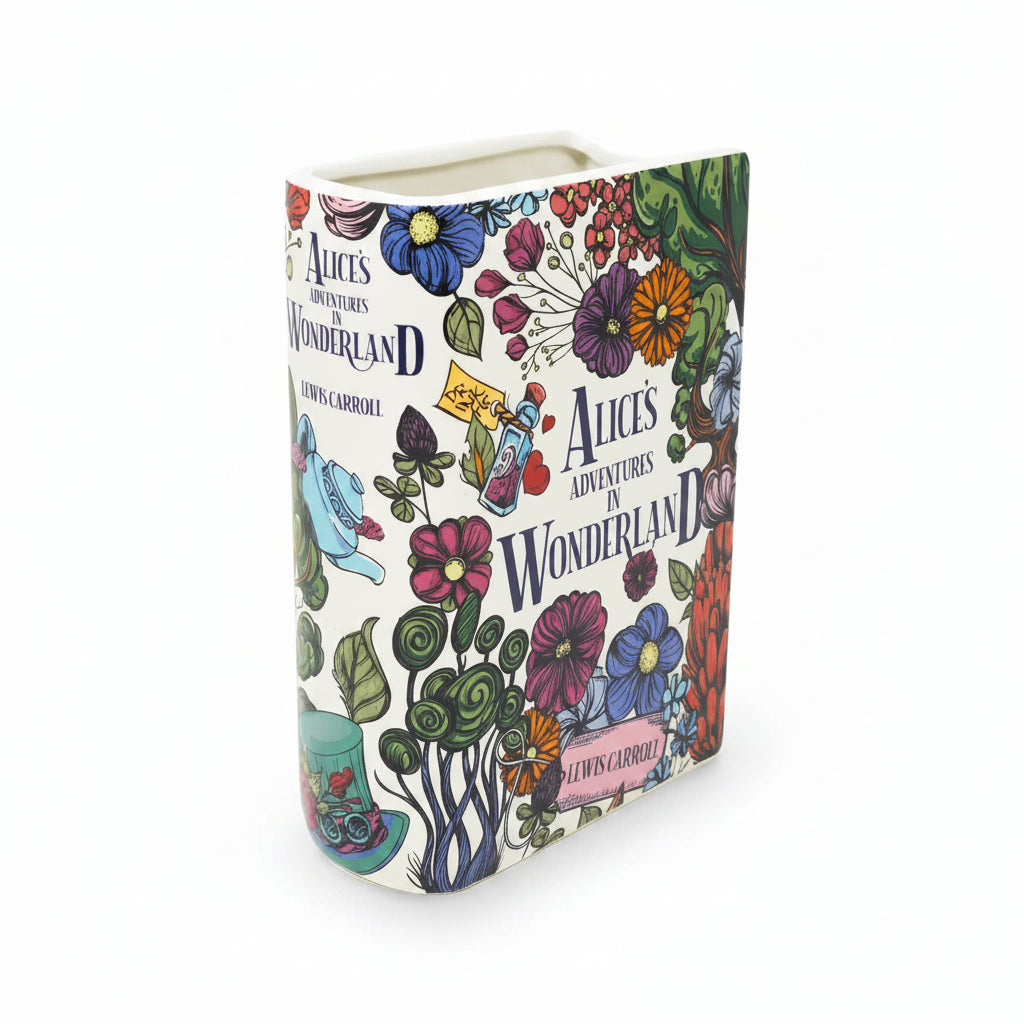 Angled view of Alice in Wonderland vase showing sculpted spine and wide top opening.