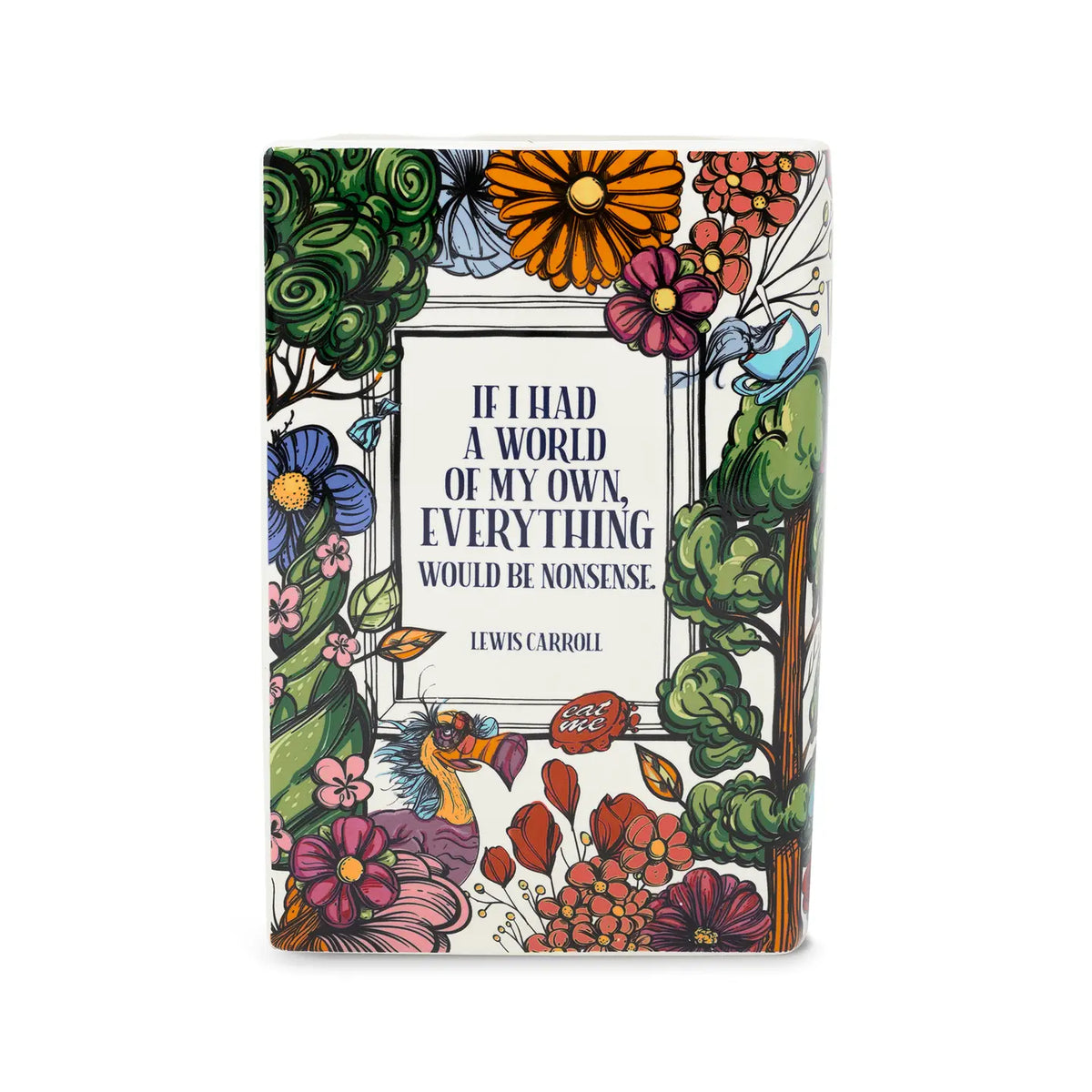 Back of the ceramic vase featuring Lewis Carroll quote and whimsical forest illustration.