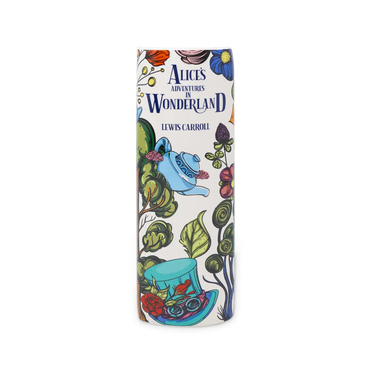 Side view of Alice in Wonderland book vase with teapot and Mad Hatter’s hat artwork.