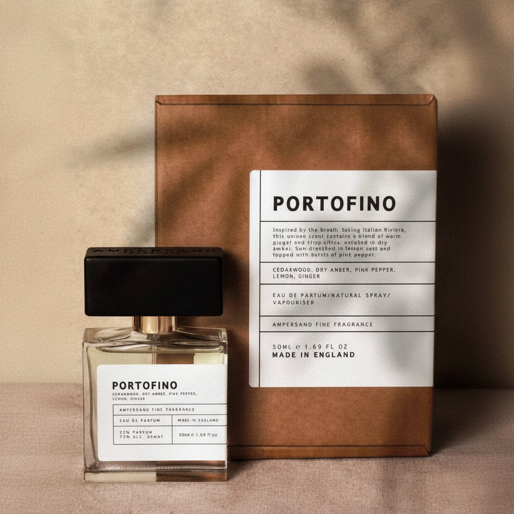 Portofino perfume and packaging on beige textured surface
