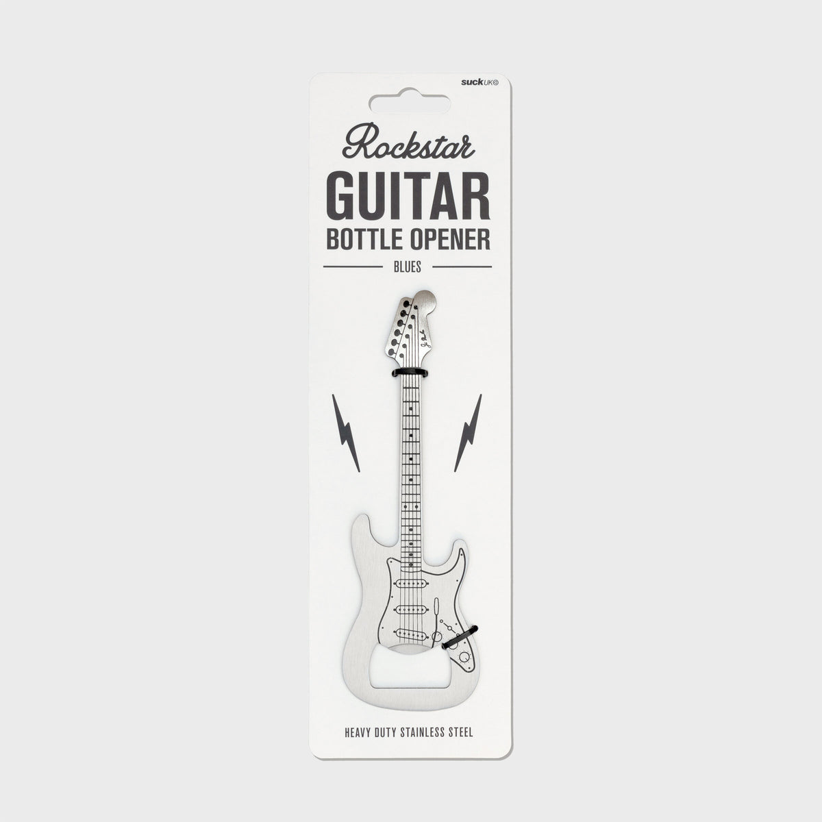 Flat stainless steel guitar-shaped bottle opener on retail packaging with “Rockstar Guitar Bottle Opener” branding, photographed on a white background.