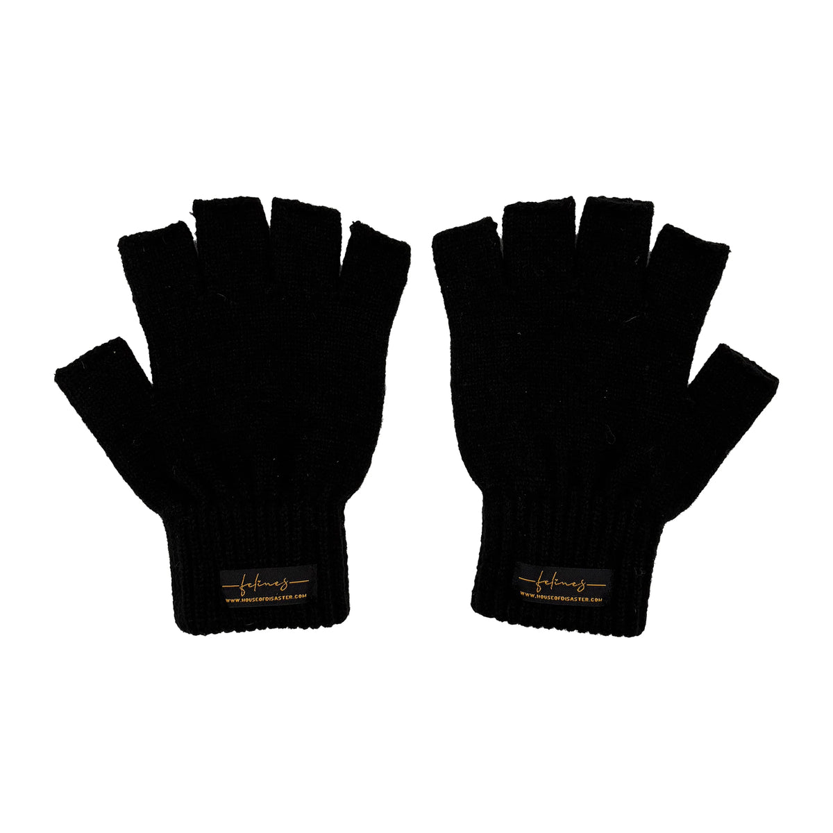 Rear view of gloves showing plain knit and branded label.