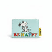 Light blue Snoopy zip purse with ‘Be Happy’ rainbow lettering and dancing Snoopy illustration.