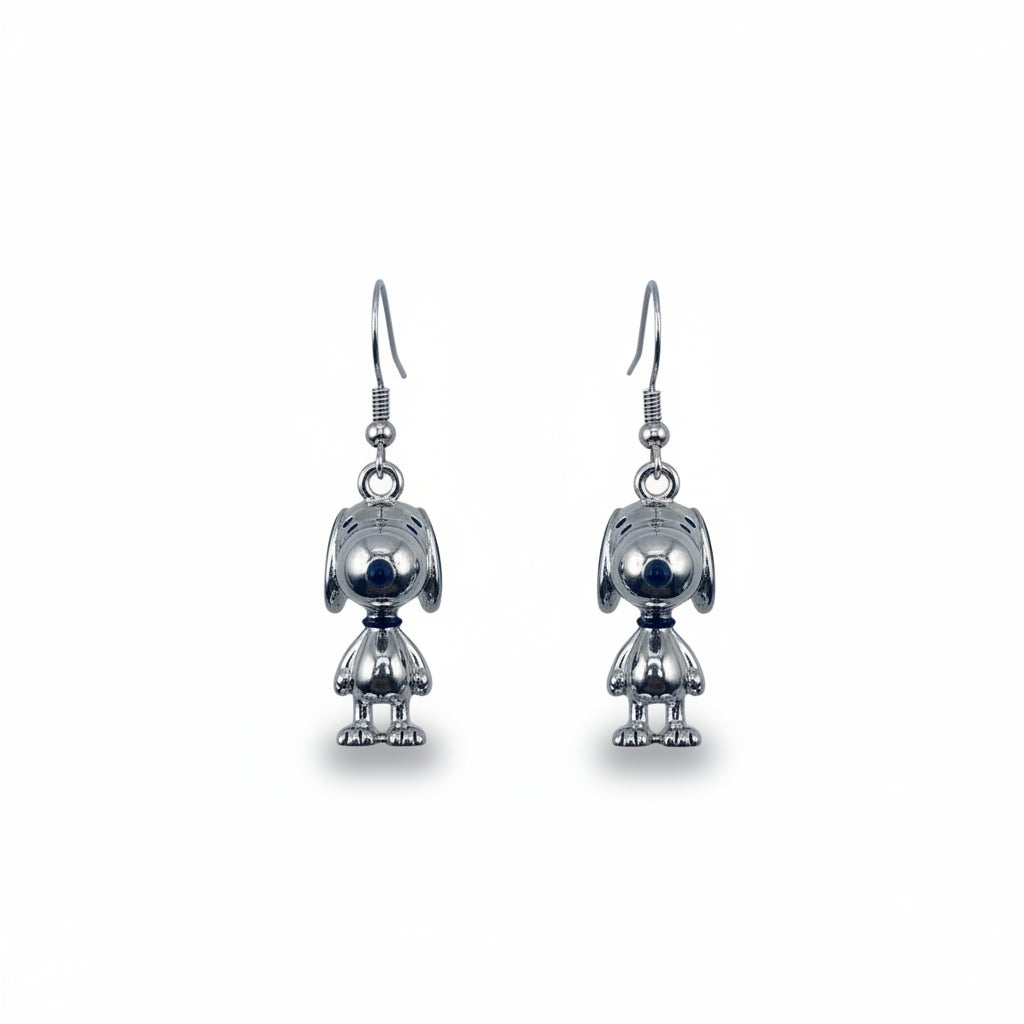 Pair of silver Snoopy earrings on a white background, featuring a minimalist design with black enamel accents.