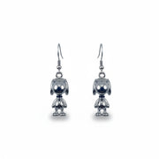 Pair of silver Snoopy earrings on a white background, featuring a minimalist design with black enamel accents.