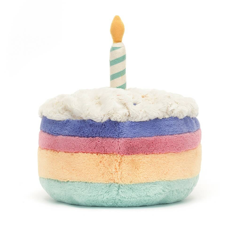 Don't miss the playful surprise! The back of the Amuseable Rainbow Birthday Cake reveals all four colorful layers and the adorable stitched details, making it a sweet treat from any angle.