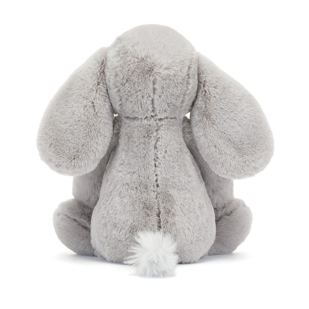 Back view of Jellycat Bashful Luxe Elephant Thuddeus plush toy highlighting fuzzy tail and luxe grey fur.