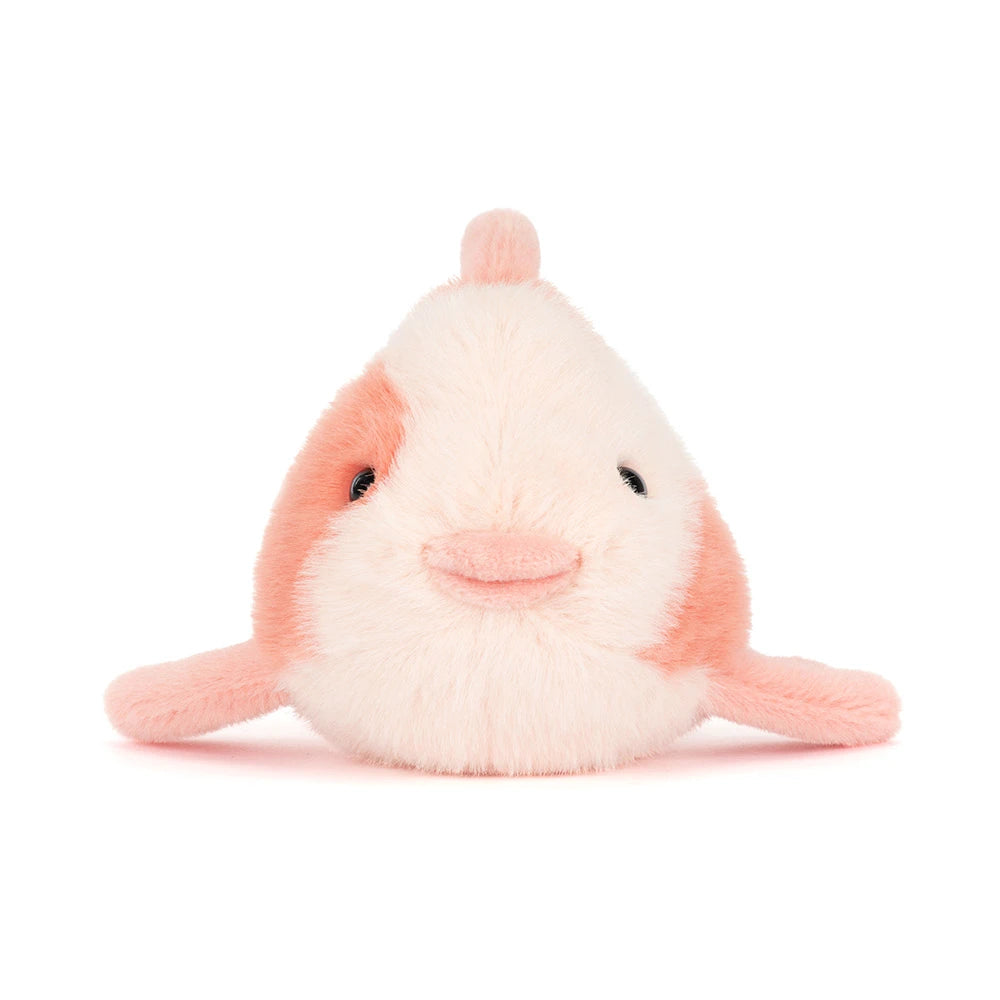 Fancy Carp plush front view showing coral face patch and pouty pink mouth