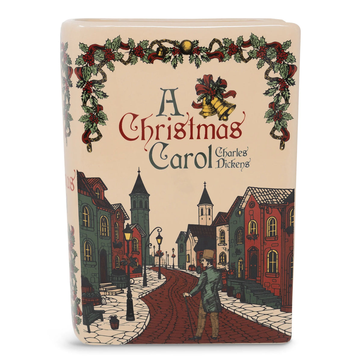 Large ceramic A Christmas Carol book vase with vintage Dickens design and holly border.
