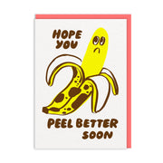 Cream get well card with a half-peeled banana pulling a sad face