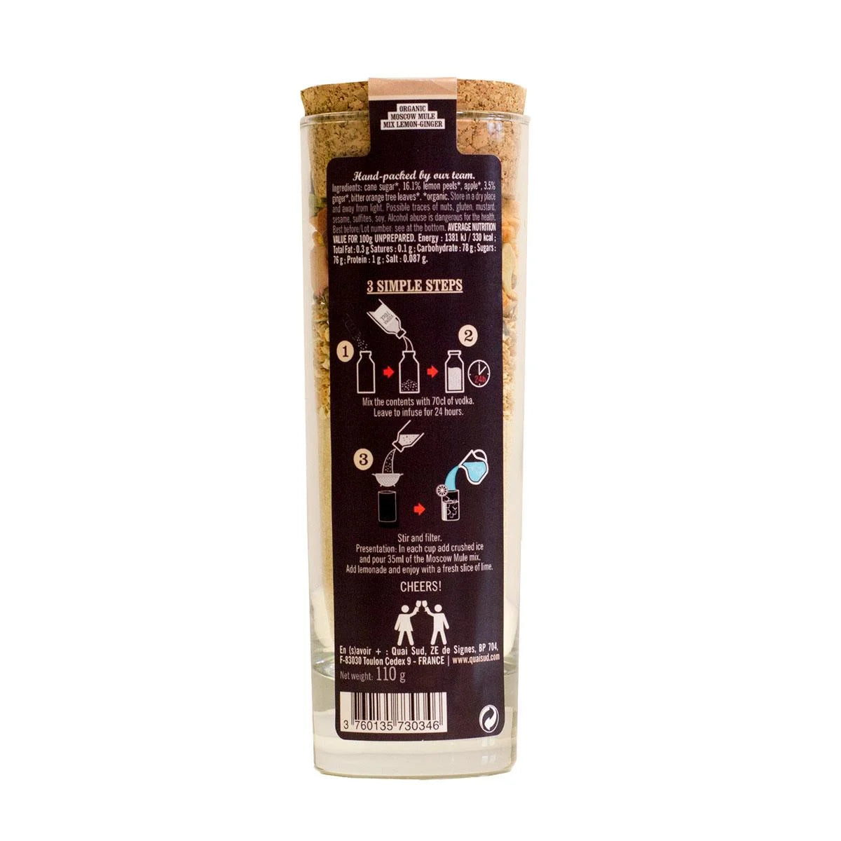 Back label of Moscow Mule cocktail mix showing ingredients and simple preparation steps.