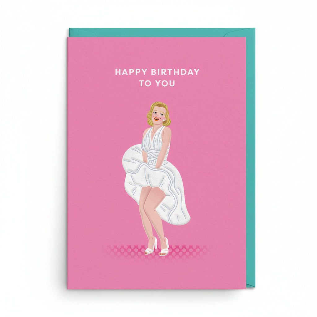 Ohh Deer Marilyn Monroe birthday card, hot pink with white dress illustration and teal envelope