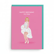 Ohh Deer Marilyn Monroe birthday card, hot pink with white dress illustration and teal envelope