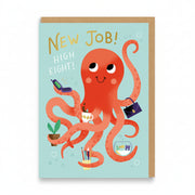 Mint new job card with a coral octopus holding office things