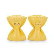 Pasta Farfalle Salt & Pepper Shakers in glossy yellow ceramic with smiling faces.