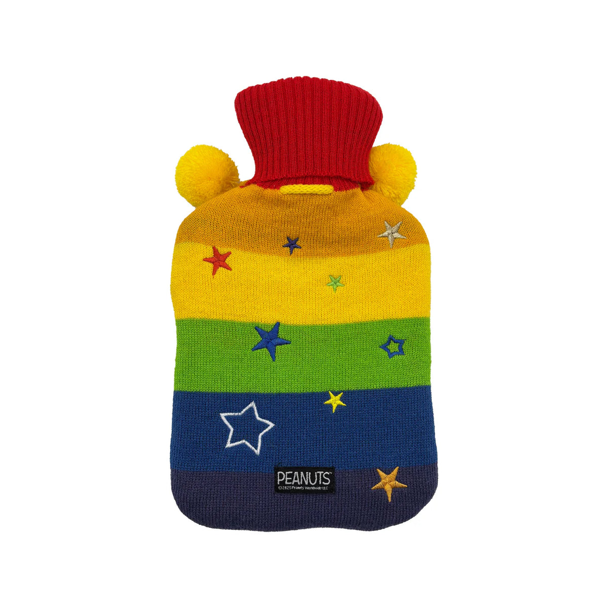 Reverse view of Peanuts Snoopy Rainbow Hot Water Bottle with rainbow stripes and star embroidery on white background.