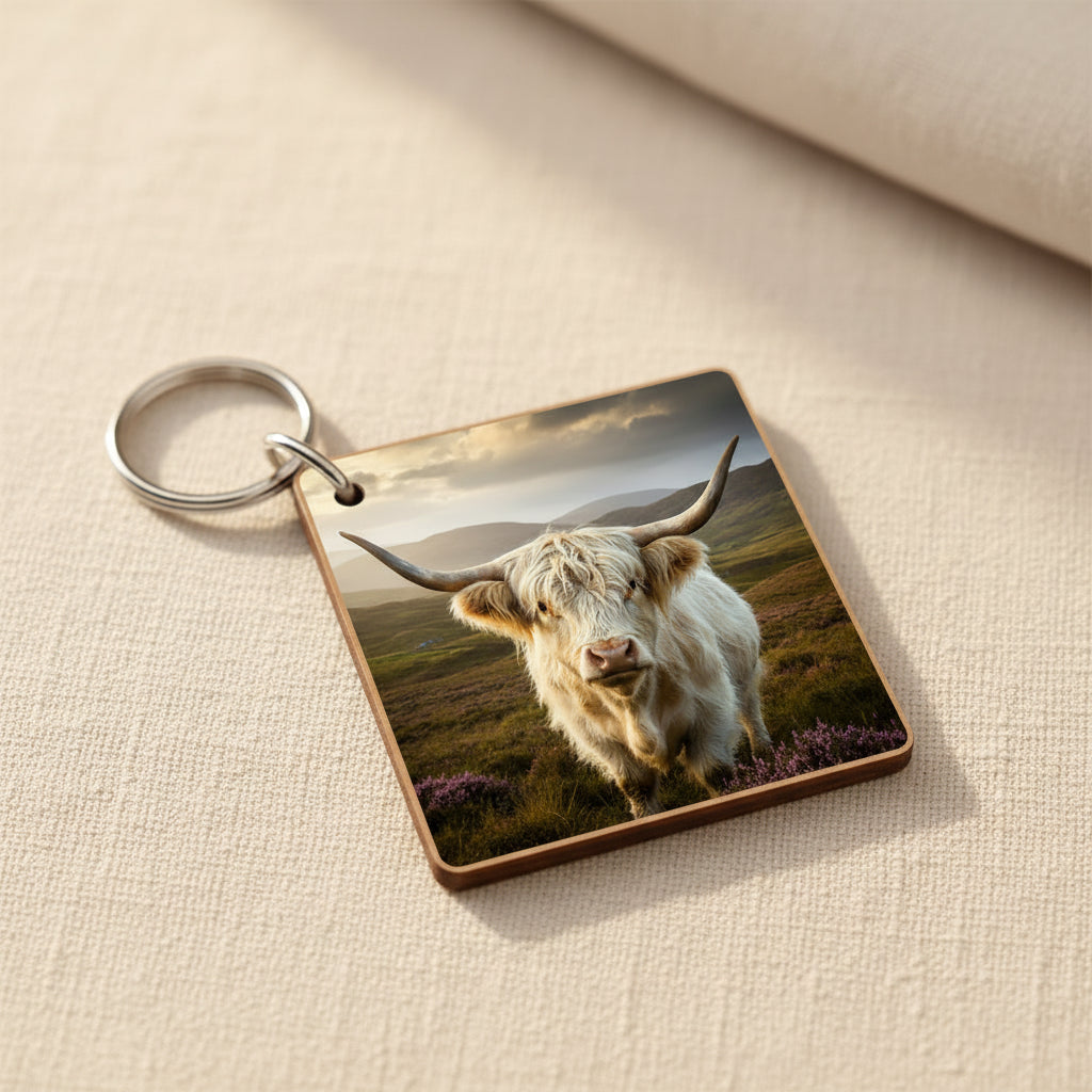 A square acrylic keychain featuring a close-up photograph of a shaggy Highland cow, attached to a silver metal split ring, shown on a plain white background.