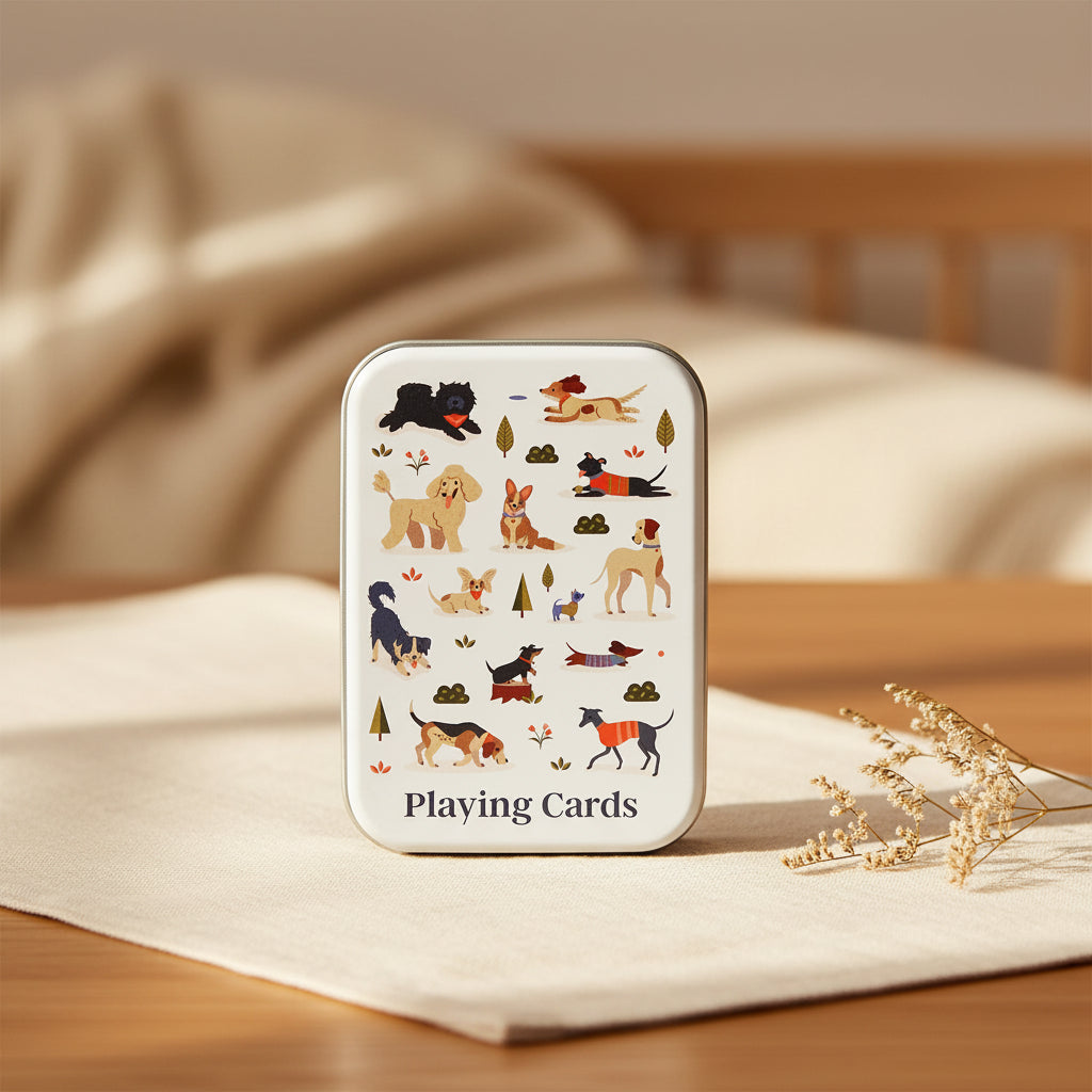 Dog Park playing cards showing adorable dog illustrations on card backs.