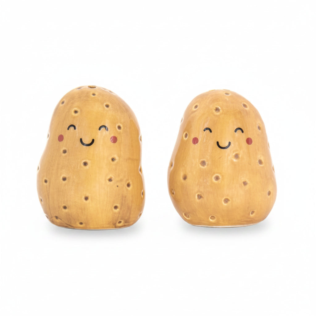 Two wooden salt and pepper shakers shaped like potatoes with smiling faces on a white background.