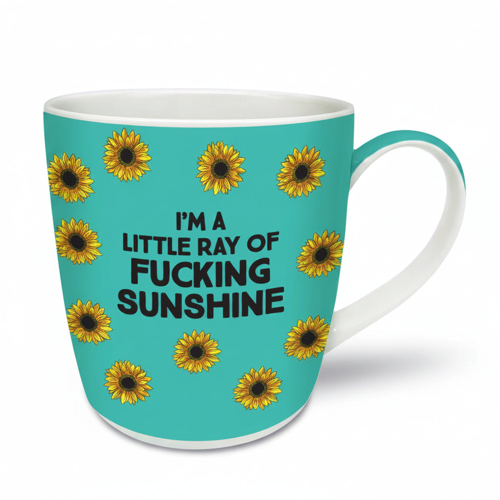 Ray of Sunshine Mug with sunflowers and bold text on teal background in New Bone China.