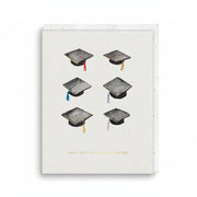 Cream graduation card with six watercolour mortar boards and tassels