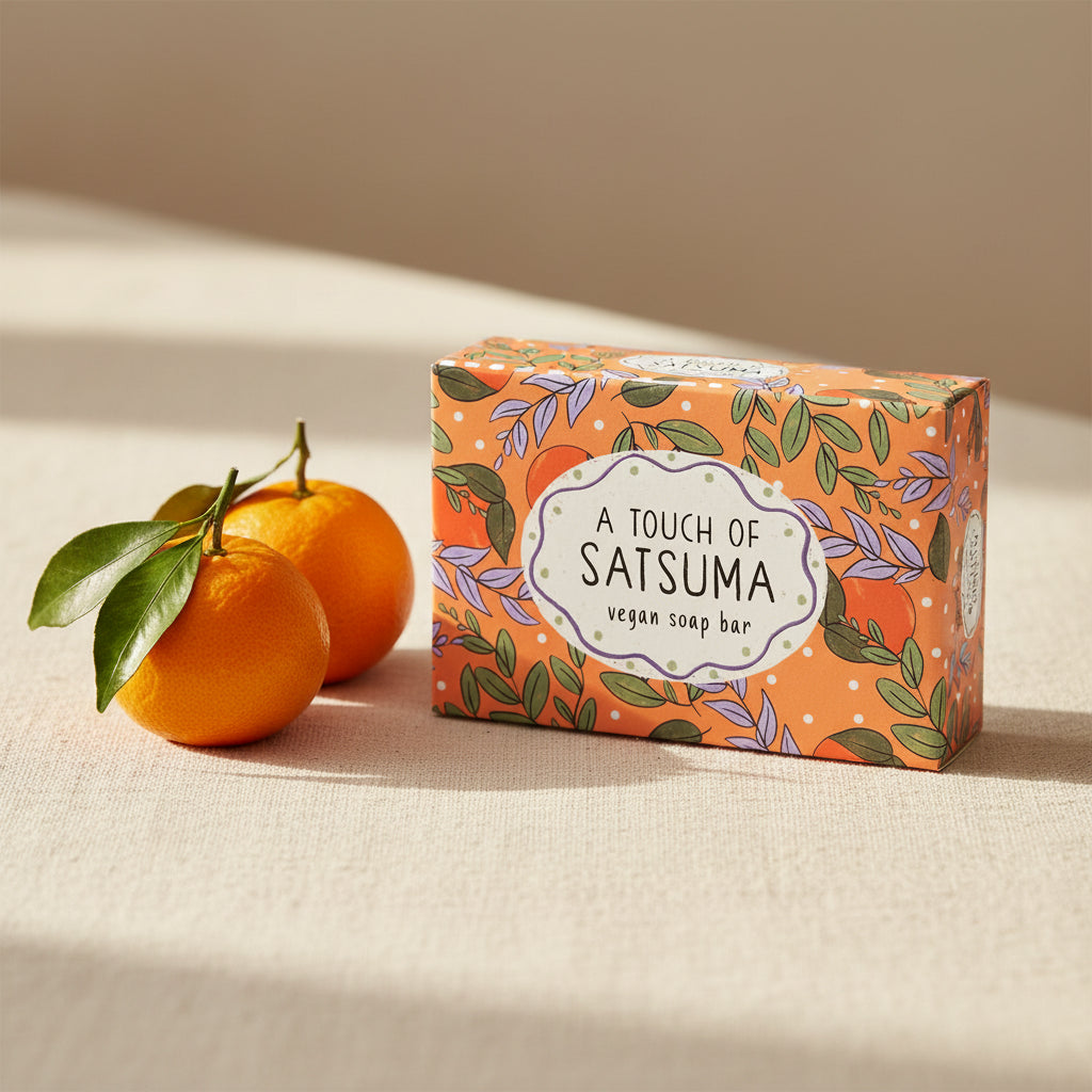 Vegan soap bar with decorative packaging featuring leaves and a touch of Satsuma branding.