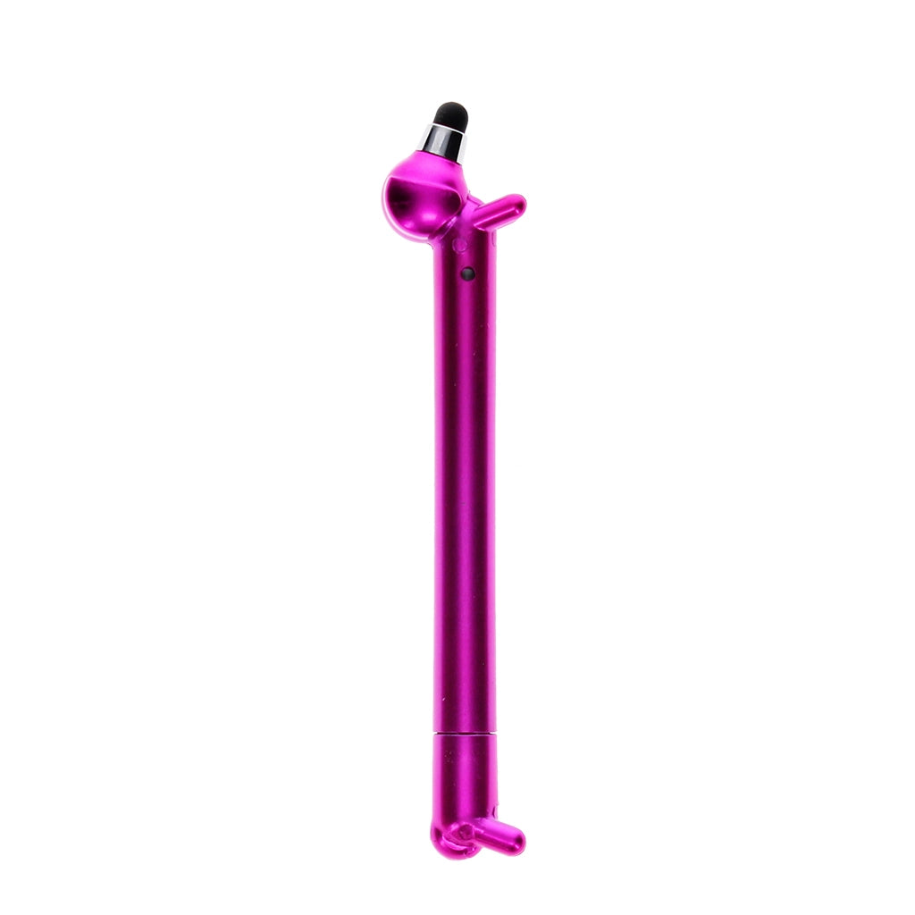 Pink dachshund shaped stylus ballpoint pen on white background.