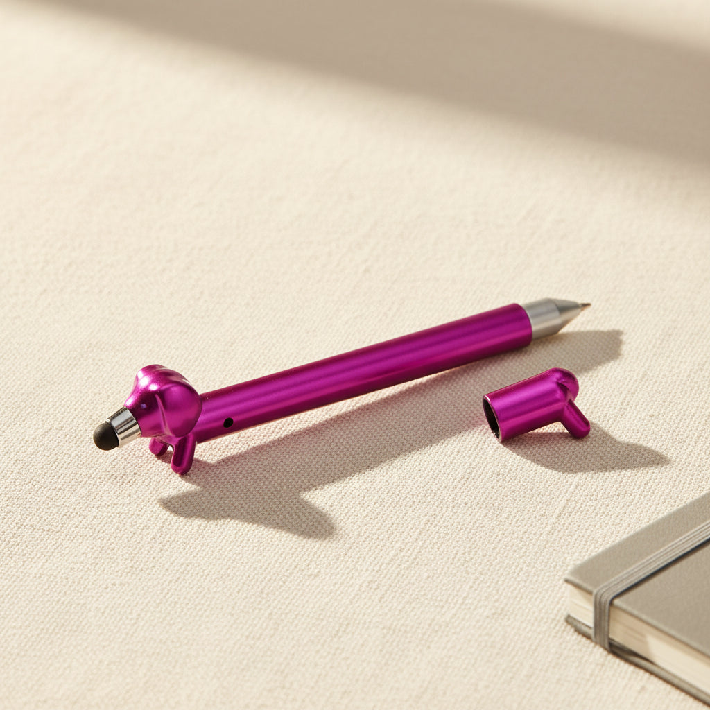 Pink sausage dog shaped pen shown with cap removed, revealing blue ink nib.