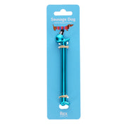 Metallic blue sausage dog-shaped stylus pen on blue Rex London backing card with product name and illustrated dachshund graphic.