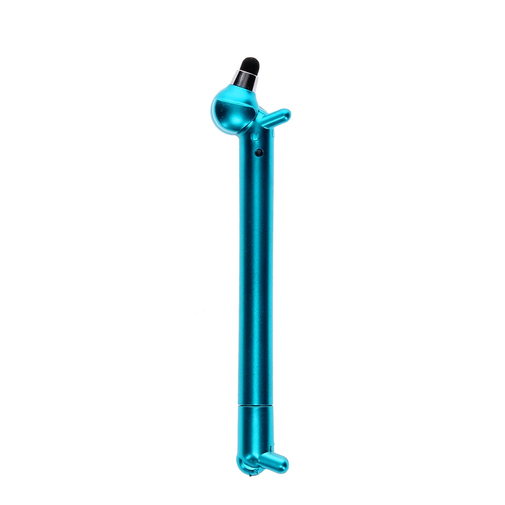 Blue dachshund-shaped ballpoint pen with stylus nose, shown upright to display full dog silhouette design and metallic finish.