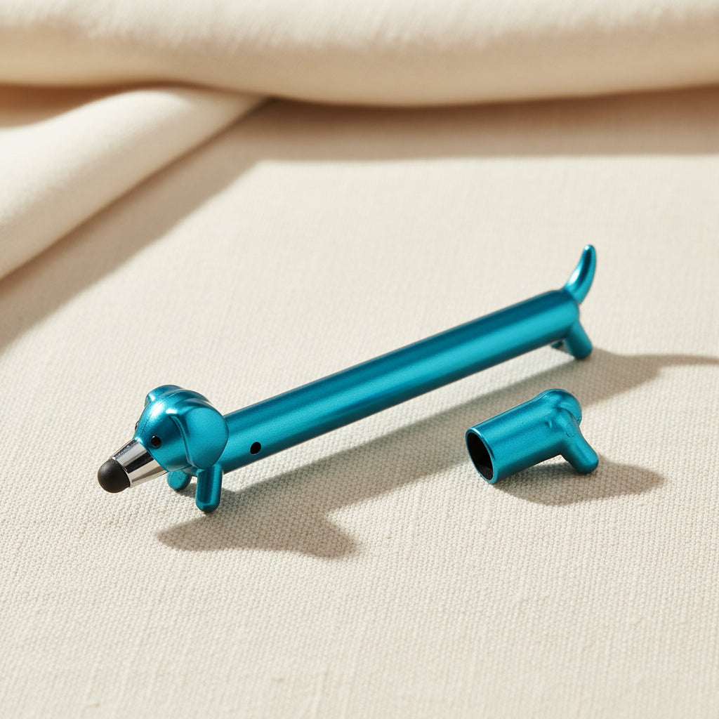 Blue sausage dog pen with the front paw-shaped cap removed, revealing the ballpoint tip and showing the stylus tip on the dog’s nose.