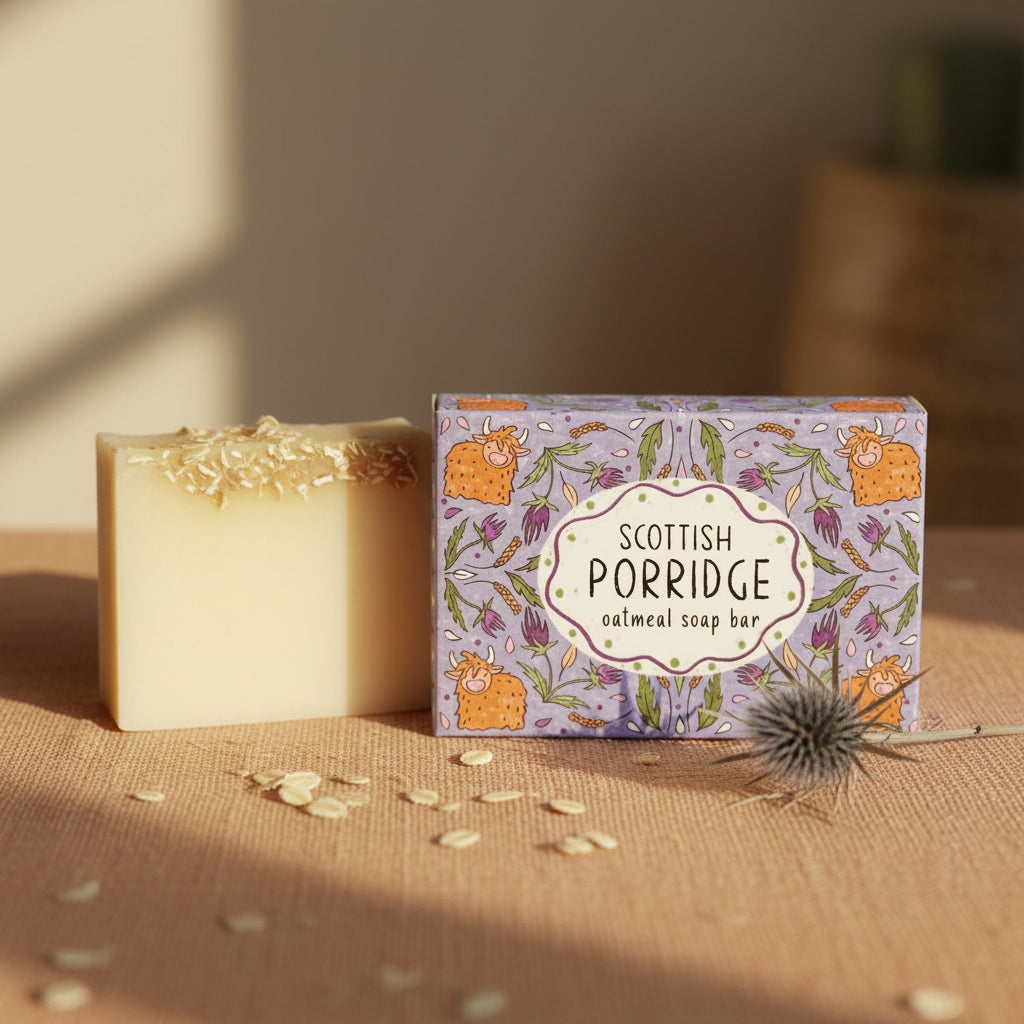 Scottish Porridge oatmeal soap bar packaging with a cow illustration on a white background