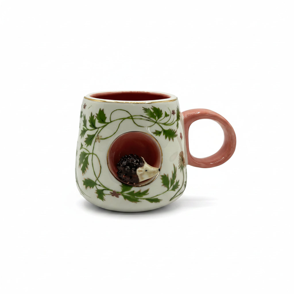 Side view of Secret Garden Mug featuring 3D hedgehog detail.