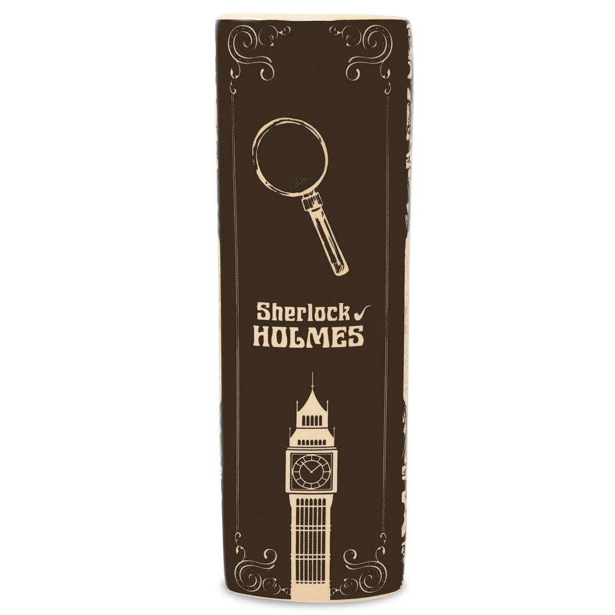 Spine view of Sherlock Holmes Large Book Vase featuring Big Ben illustration.