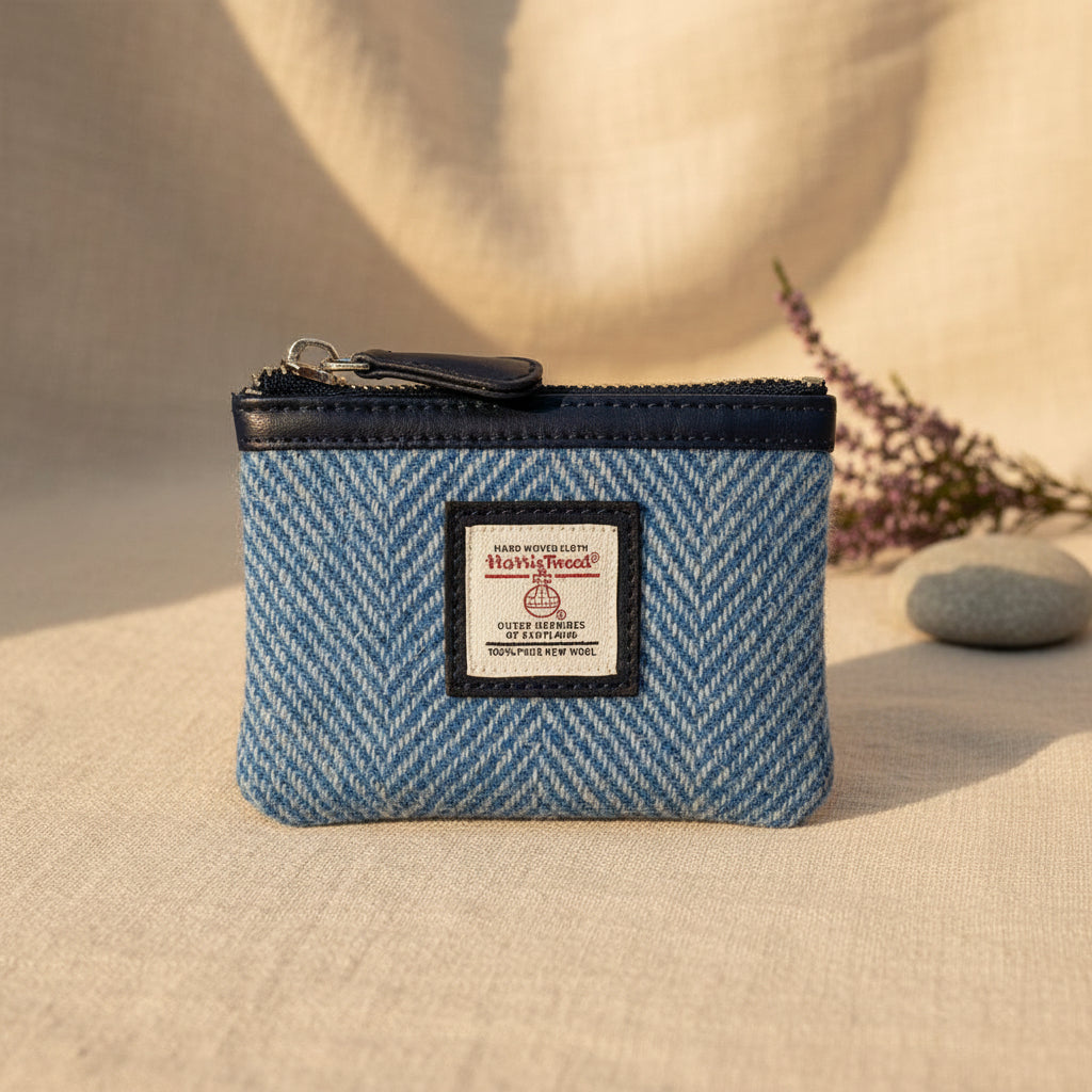 Front view of Sky Blue Harris Tweed coin purse with label.