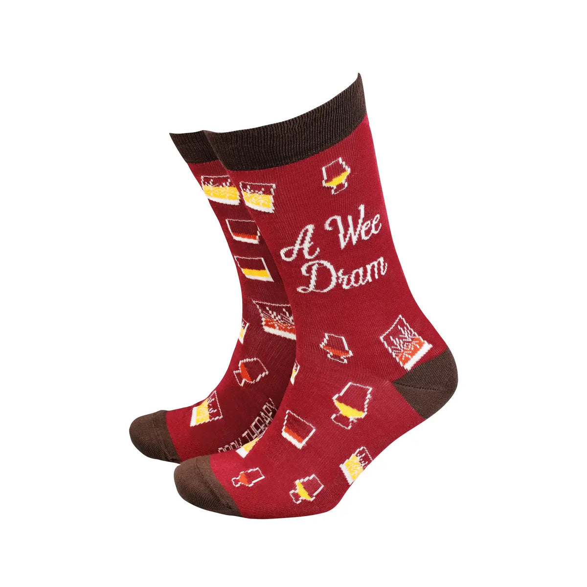 A Wee Dram burgundy bamboo socks with whisky pattern on white background