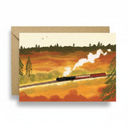 Steam Train in Autumn greetings card by Charis Raine, illustrated with a steam locomotive amid autumn trees