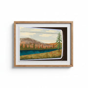 View from the Train Window Art Print framed on wall – giclée landscape print in digital gouache.