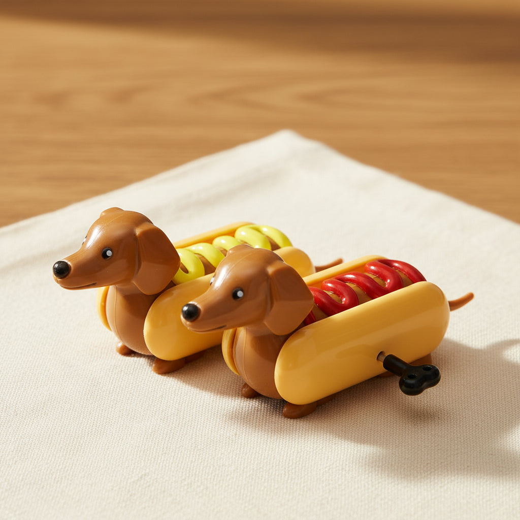 Pair of Hot Dog Wind-Up Racers showing dachshund toys with ketchup and mustard toppings.
