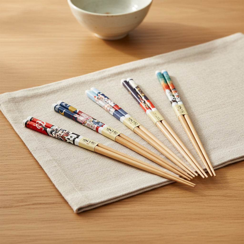 Japanese-style wooden chopsticks with lucky cat illustrations (5 pairs).