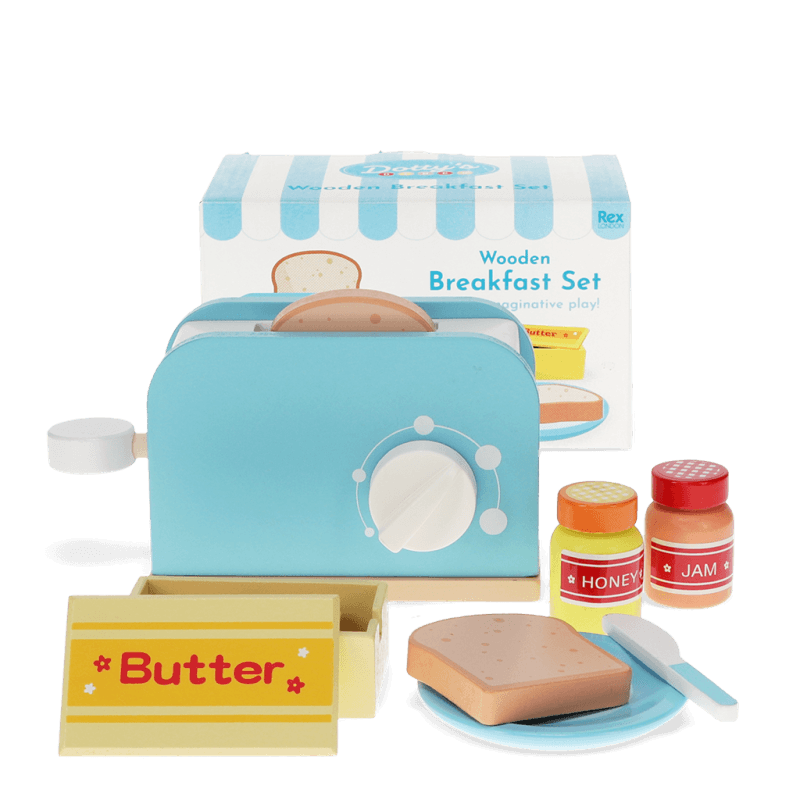 Wooden toaster playset complete set with packaging box on display